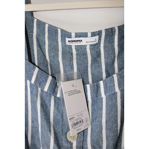 NWT SONOMA- L Square Neck Tie Hem Button Denim Blue White Stripe Linen Tank Top - Picture 4 of 4